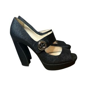 Prada Black Metallic Cloth Platform Mary Jane Heels
